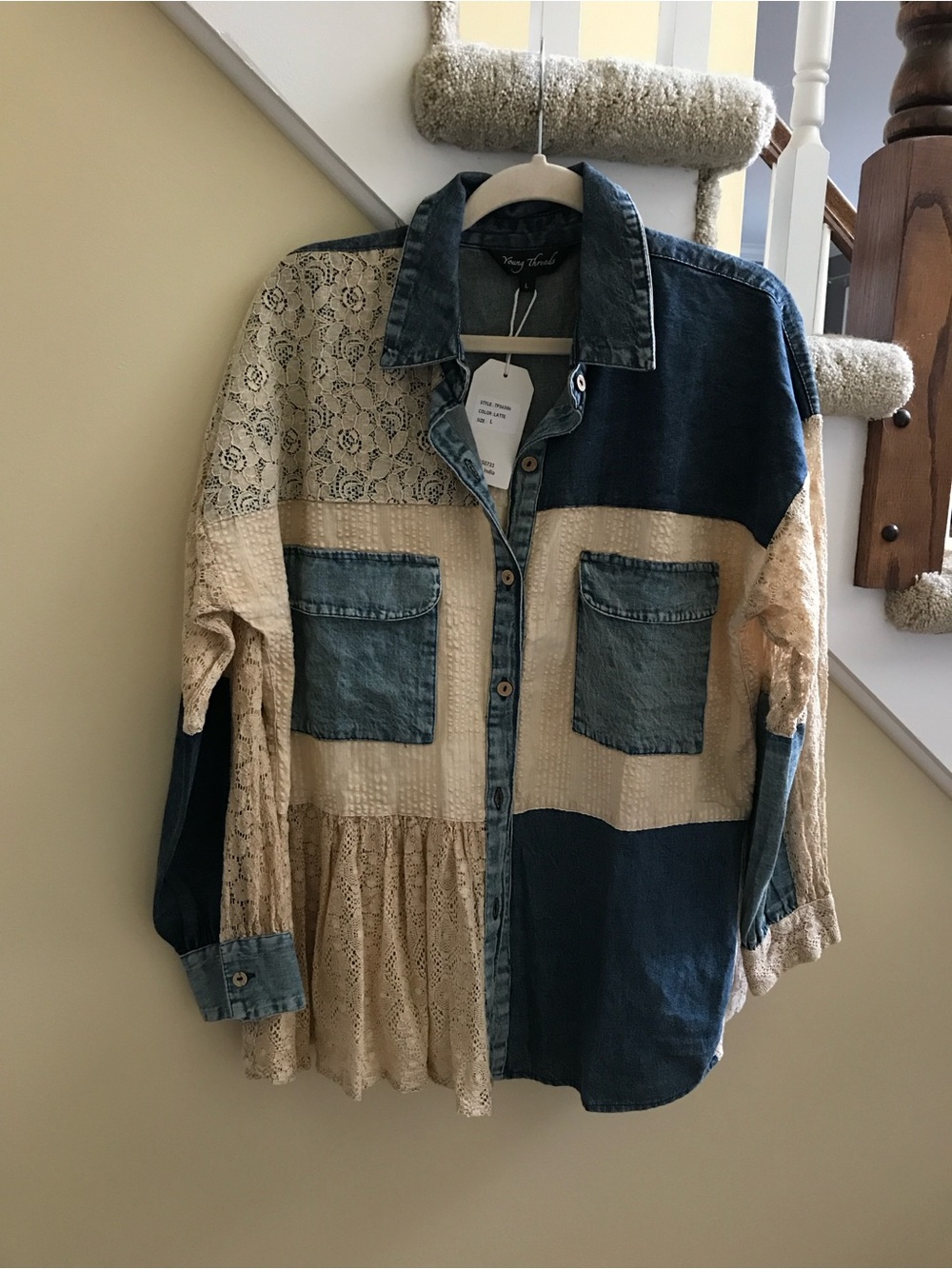 YOUNG THREADS NWT Top DENIM lace Cream Sm lg xl